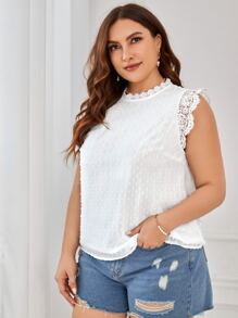 SHEIN VCAY Plus Swiss Dot Guipure Lace Panel Blouse - White - View 3