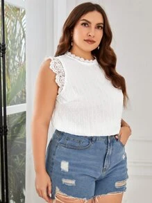 SHEIN VCAY Plus Swiss Dot Guipure Lace Panel Blouse - White - View 4