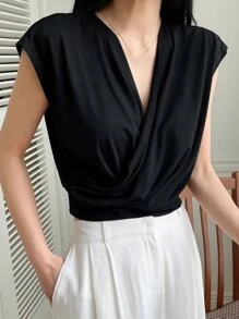 DAZY Solid Surplice Front Tee - Black - View 2