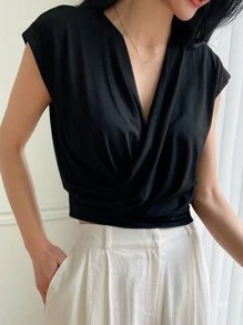 DAZY Solid Surplice Front Tee - Black - View 6