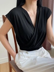 DAZY Solid Surplice Front Tee - Black - View 4