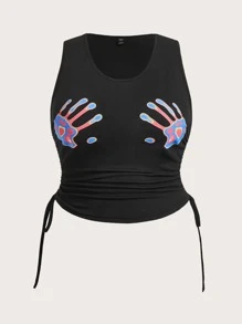 Flirla 大碼手掌圖案側抽繩背心上衣 - 黑色 - 查看 1