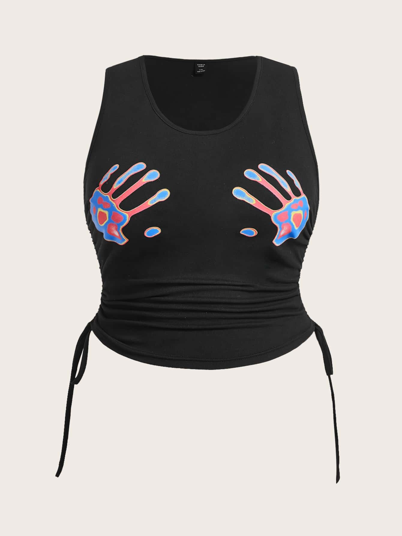 Flirla 大碼手掌圖案側抽繩背心上衣 - 黑色 - 查看 1