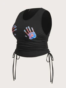 Flirla 大碼手掌圖案側抽繩背心上衣 - 黑色 - 查看 5