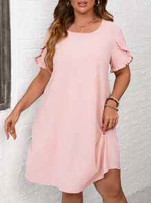 SHEIN LUNE 大碼褶邊花瓣袖直筒連衣裙 - 淺粉色 - 查看 1