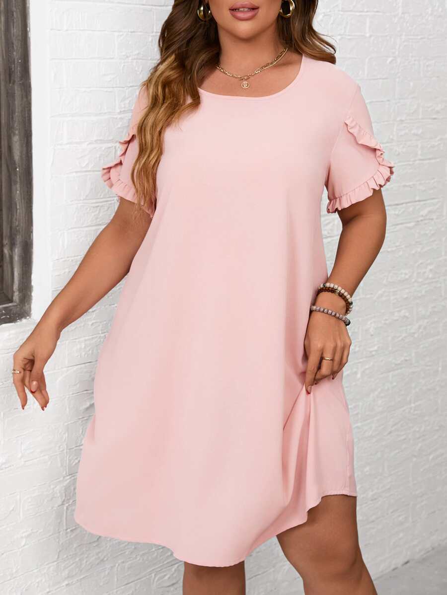 SHEIN LUNE 大碼褶邊花瓣袖直筒連衣裙 - 淺粉色 - 查看 1