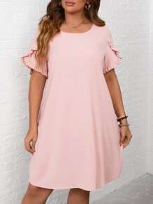 SHEIN LUNE 大碼褶邊花瓣袖直筒連衣裙 - 淺粉色 - 查看 5