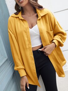 SHEIN LUNE Solid Button Front Pocket Patched Shirt - Yellow - View 1