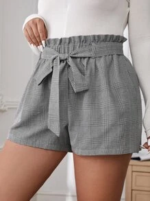 SHEIN Essnce Plus Houndstooth Paperbag Waist Belted Shorts - Black and White - View 1