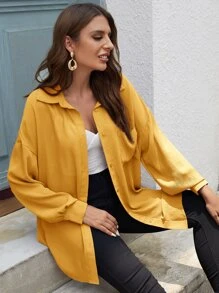 SHEIN LUNE Solid Button Front Pocket Patched Shirt - Yellow - View 3