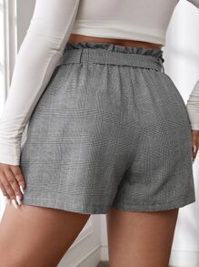 SHEIN Essnce Plus Houndstooth Paperbag Waist Belted Shorts - Black and White - View 2