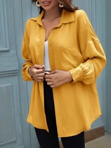 SHEIN LUNE Solid Button Front Pocket Patched Shirt - Yellow - View 4