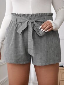 SHEIN Essnce Plus Houndstooth Paperbag Waist Belted Shorts - Black and White - View 3
