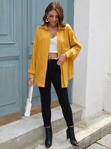 SHEIN LUNE Solid Button Front Pocket Patched Shirt - Yellow - View 5