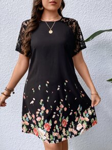 EMERY ROSE Vestido con estampado floral con encaje en contraste de manga raglán - Multicolor - Ver 1