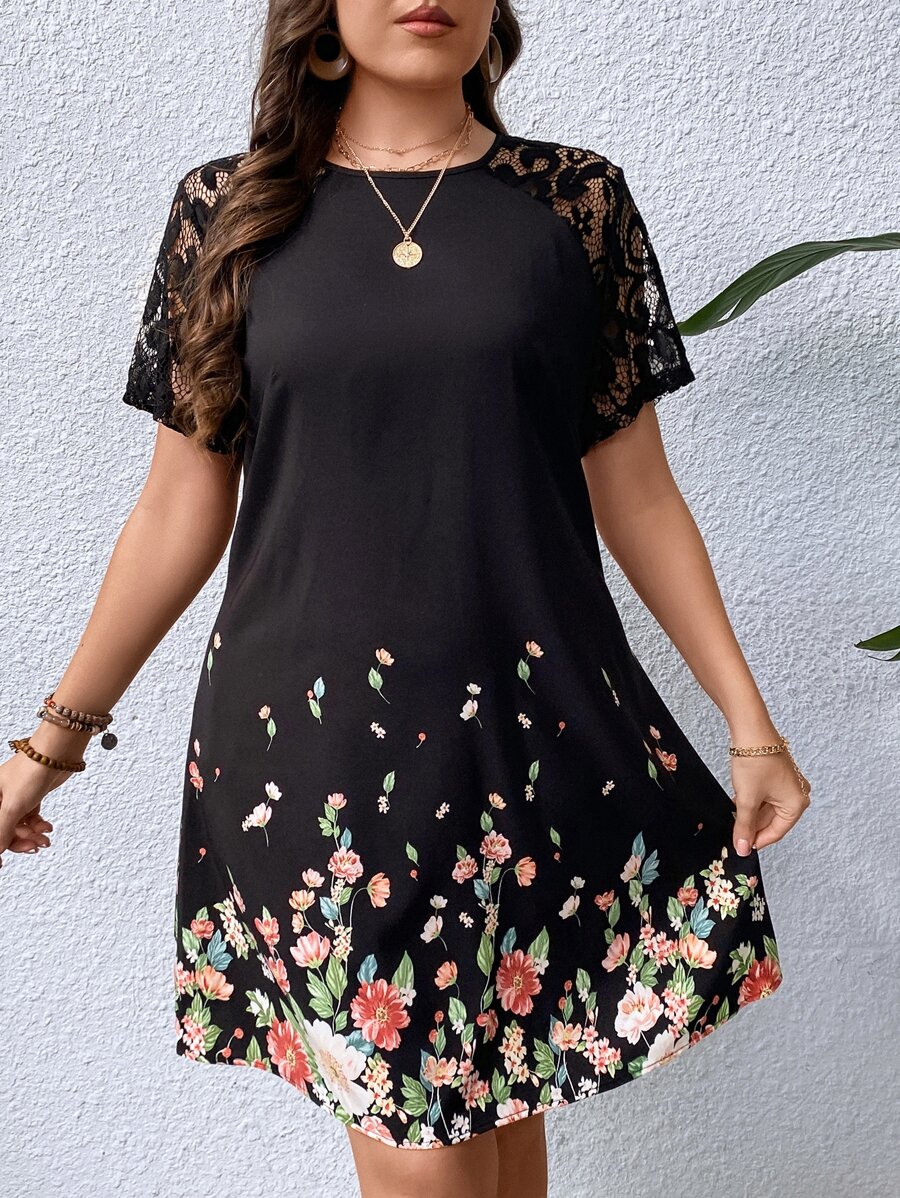 EMERY ROSE Vestido con estampado floral con encaje en contraste de manga raglán - Multicolor - Ver 1