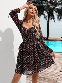 SHEIN VCAY Ditsy Floral Print Flounce Sleeve Ruffle Hem Dress - Black - View 1