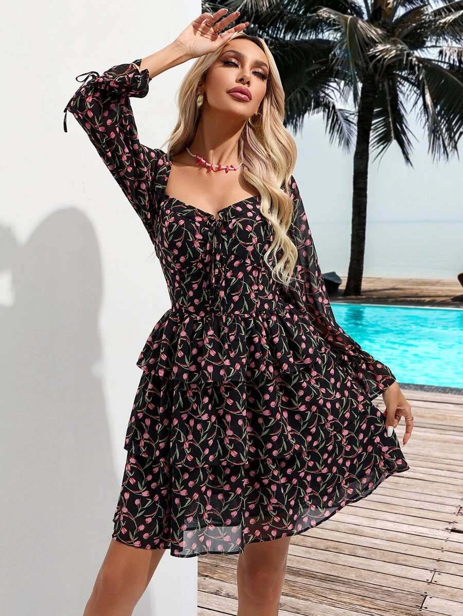 SHEIN VCAY Ditsy Floral Print Flounce Sleeve Ruffle Hem Dress - Black - View 1