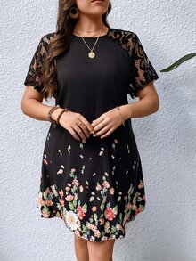 EMERY ROSE Vestido con estampado floral con encaje en contraste de manga raglán - Multicolor - Ver 6