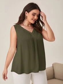 SHEIN Clasi Plus V Neck Sleeveless Blouse - Army Green - View 3