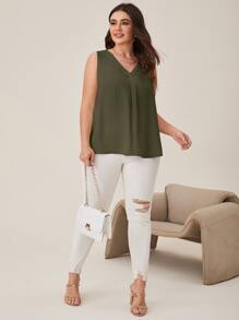 SHEIN Clasi Plus V Neck Sleeveless Blouse - Army Green - View 4