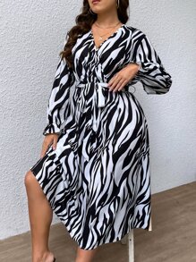 SHEIN Clasi Vestido con cinturón de rayas de cebra de manga con volante - Blanco y Negro - Ver 3