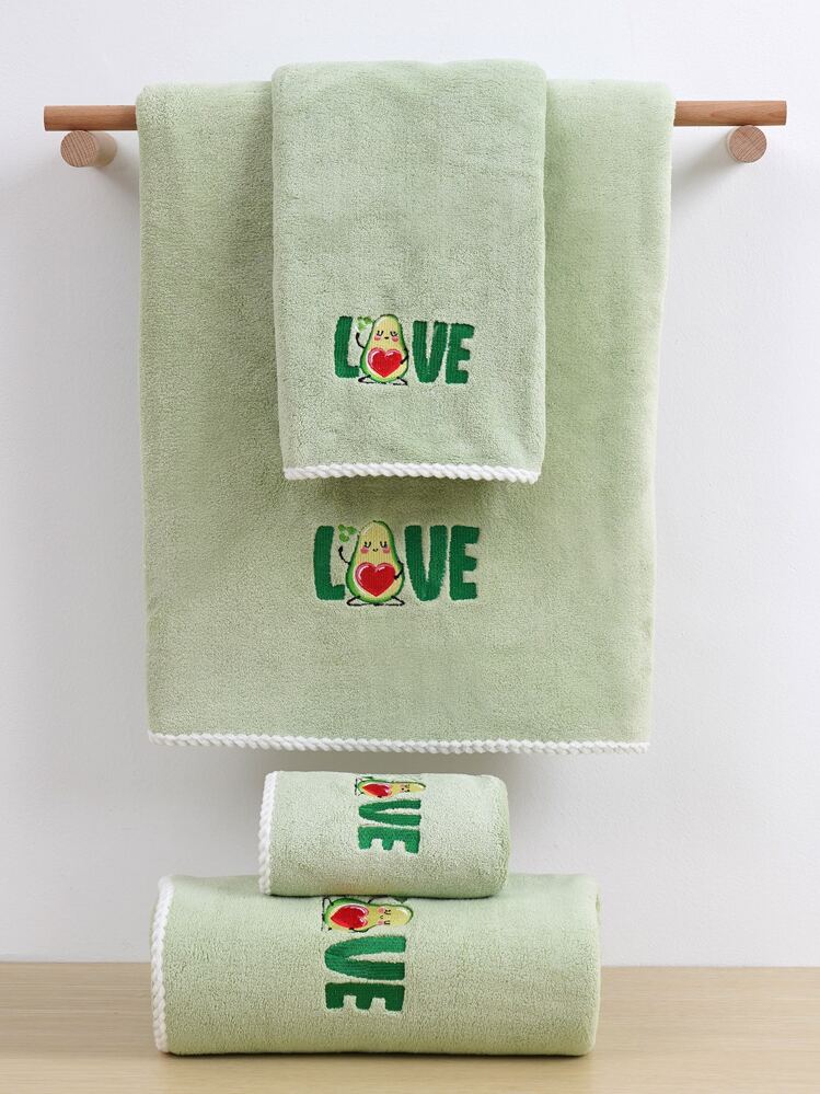 1pc Coral Velvet Solid Color Couple Embroidery Love Soft And Absorbent 1 Bath Towel Or 1 Hand Towel - Green - View 3