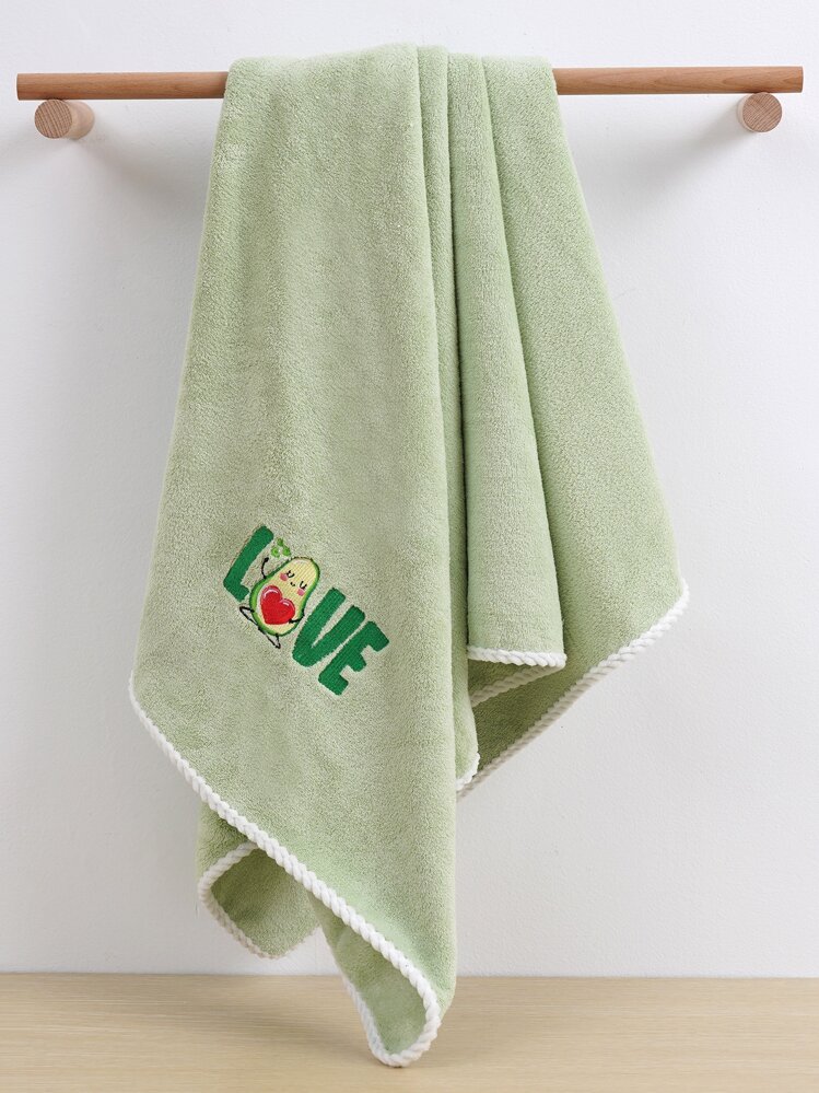 1pc Coral Velvet Solid Color Couple Embroidery Love Soft And Absorbent 1 Bath Towel Or 1 Hand Towel - Green - View 4