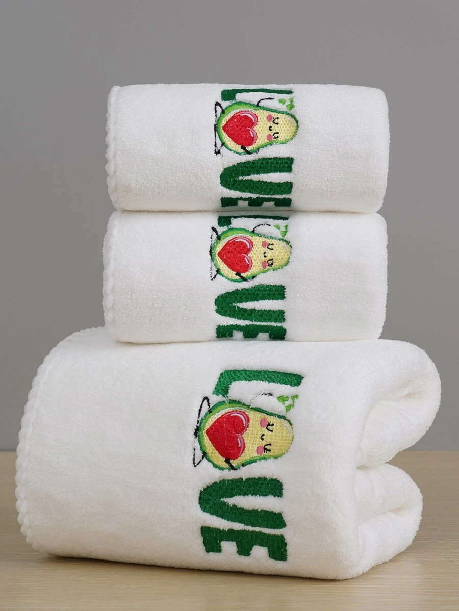 1pc Solid Color Coral Fleece Couples Embroidery Love Soft Absorbent Bath Towel/Hand Towel - White - View 1