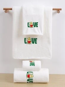 1pc Solid Color Coral Fleece Couples Embroidery Love Soft Absorbent Bath Towel/Hand Towel - White - View 3