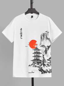 SWAVVY Men T-Shirts Fit Crew Neck Short Sleeve Graphic Tee Landscape Casual Japanese Fashion Polyester, Summer