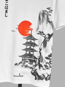 SWAVVY Men T-Shirts Fit Crew Neck Short Sleeve Graphic Tee Landscape Casual Japanese Fashion Polyester, Summer