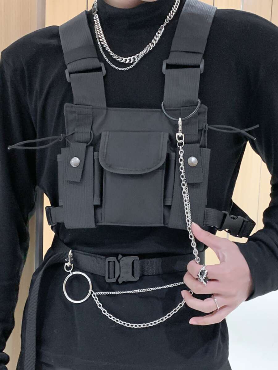 Chain Strap Solid Color Pocket Crossbody Chest Bag - Black - View 1