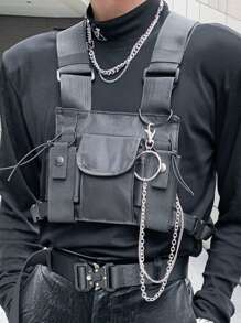 Chain Strap Solid Color Pocket Crossbody Chest Bag - Black - View 2