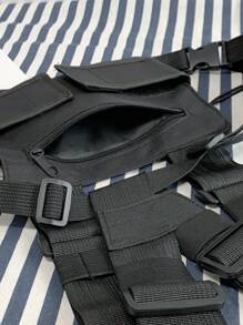 Chain Strap Solid Color Pocket Crossbody Chest Bag - Black - View 4