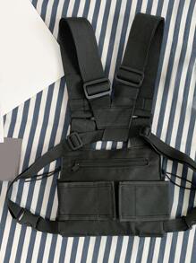 Chain Strap Solid Color Pocket Crossbody Chest Bag - Black - View 6