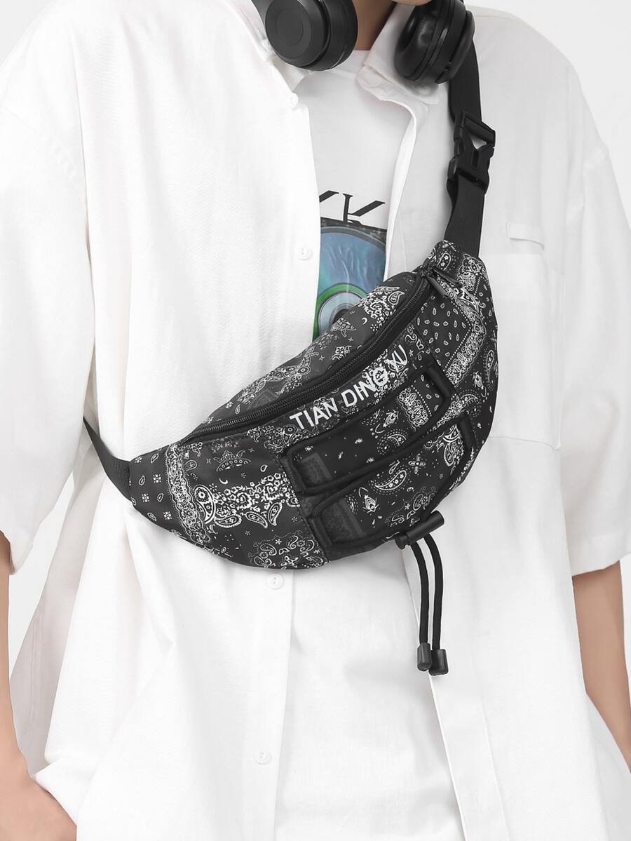 Men Letter Print Waist Bag - Black - View 1