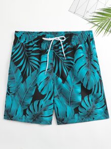 Manfinity Men Tropical Print Drawstring Waist Swim Trunks