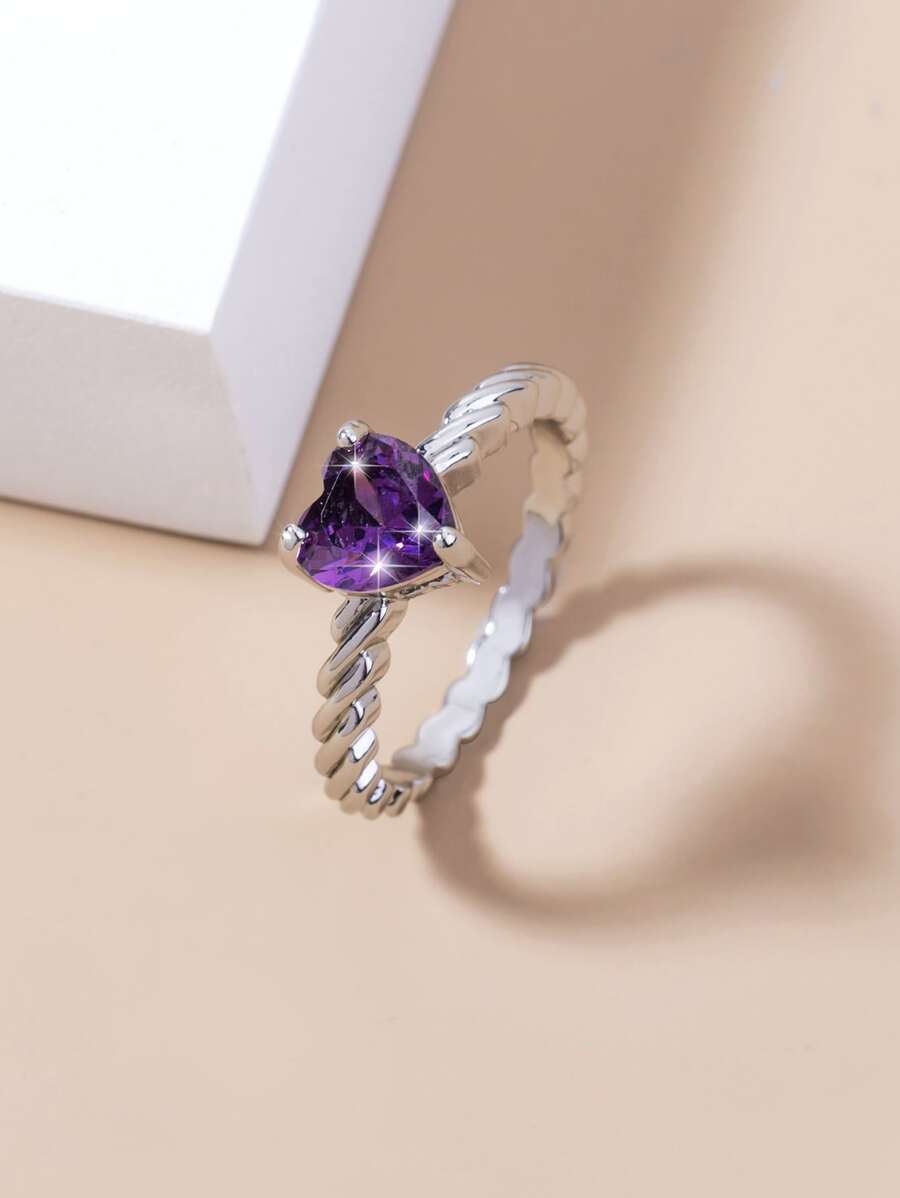 Cubic Zirconia Heart Decor Ring - Silver - View 1