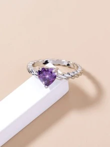 Cubic Zirconia Heart Decor Ring - Silver - View 2