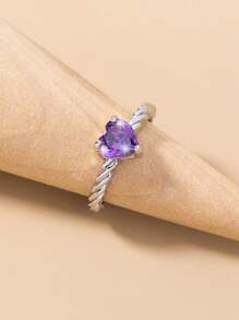 Cubic Zirconia Heart Decor Ring - Silver - View 6