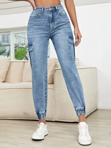 SHEIN EZwear Flap Pocket Side Jogger Jeans - Medium Wash - View 4
