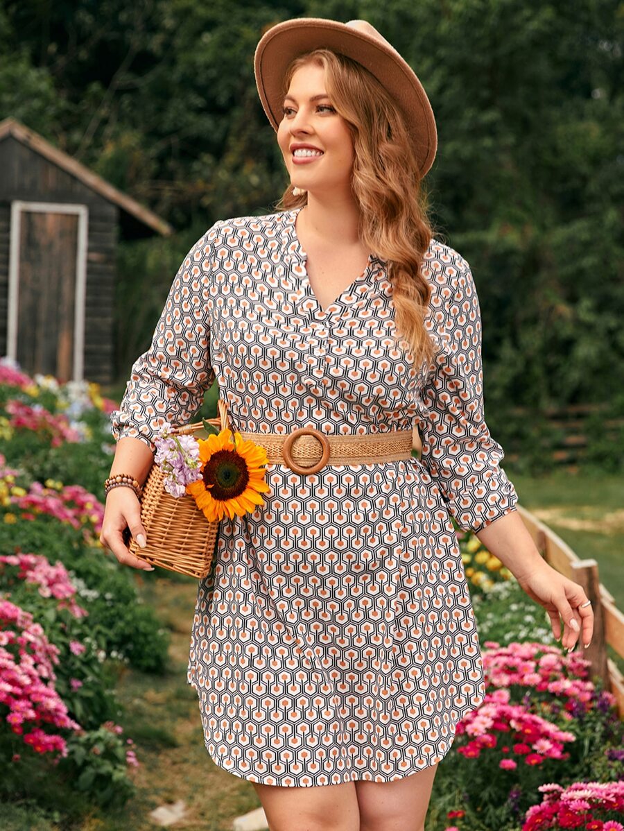 SHEIN Clasi Plus Allover Print Notch Neck Roll Tab Sleeve Dress Without Belt - Multicolor - View 1