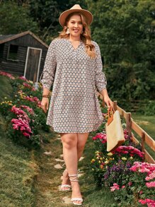 SHEIN Clasi Plus Allover Print Notch Neck Roll Tab Sleeve Dress Without Belt - Multicolor - View 4