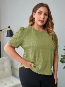 SHEIN Clasi 大碼素色泡泡袖襯衫 - 橄欖綠 - 查看 3