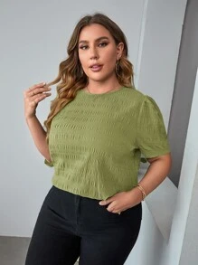 SHEIN Clasi 大碼素色泡泡袖襯衫 - 橄欖綠 - 查看 4