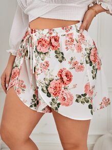SHEIN VCAY Plus Floral Print Wrap Hem Shorts - Multicolor - View 4