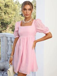 SHEIN VCAY Vestido de cuello cuadrado de manga farol - Rosa Pálido - Ver 5