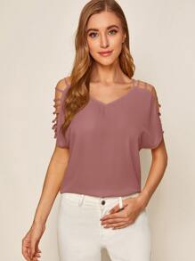 SHEIN LUNE V-neck Laddering Cutout Shoulder Top - Dusty Pink - View 1