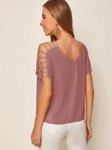 SHEIN LUNE V-neck Laddering Cutout Shoulder Top - Dusty Pink - View 2